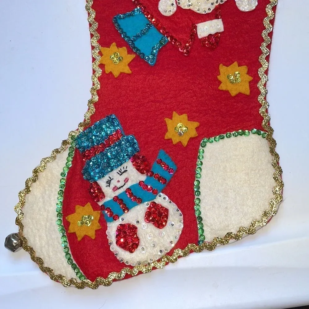 Vintage sequined felt Christmas stocking with‎ Santa Claus & a snowman